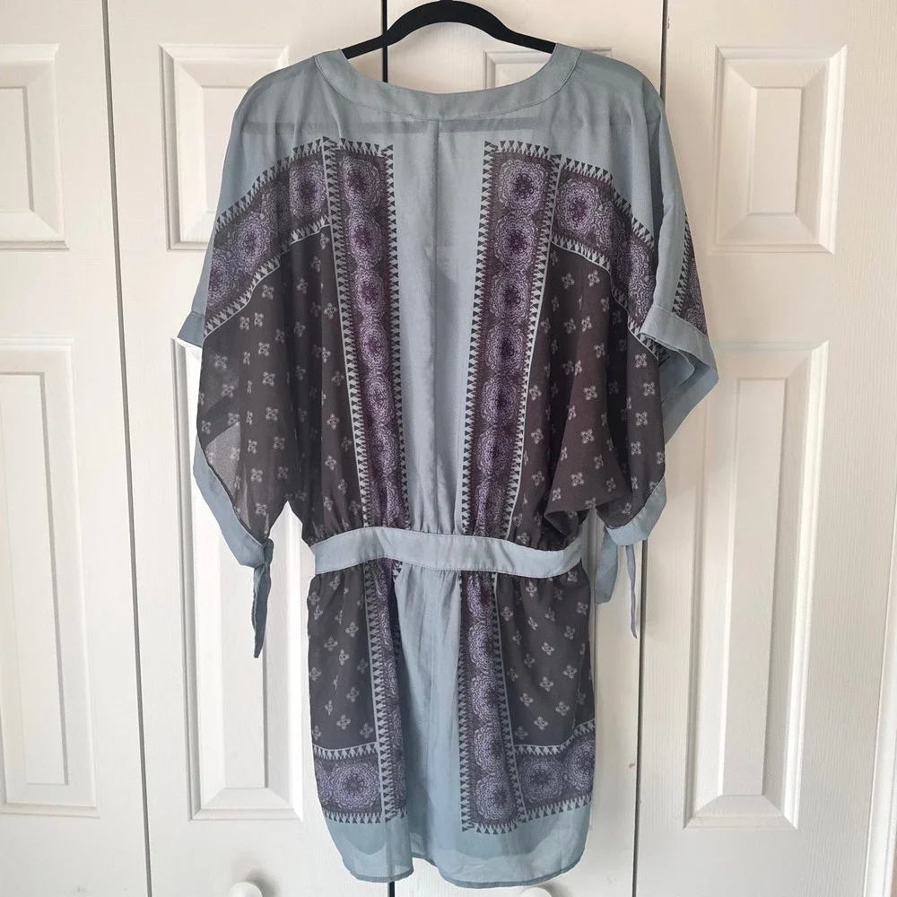 Free People XS Blue Brown Paisley Boho Kimono Sleeve Tunic Mini Dress NWT